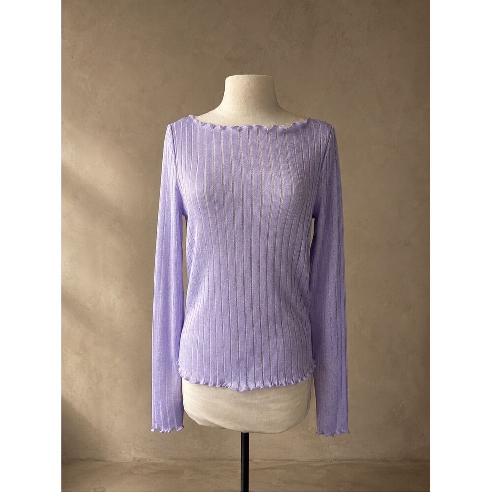 Pilcro Sz M Lavender Metallic Ribbed Boat Neck Long Sleeve Top NWT